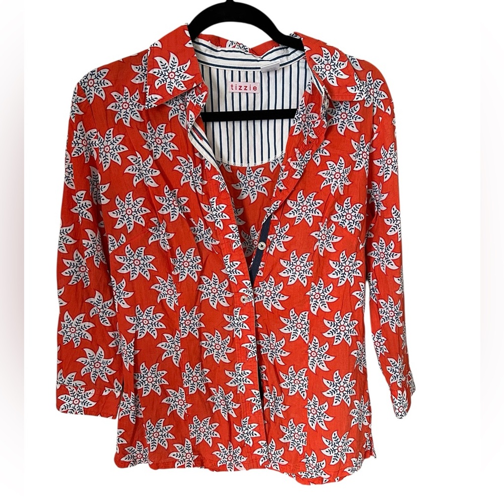 Tizzie Orange Pattern 100% Cotton Button Down Shirt Size Small